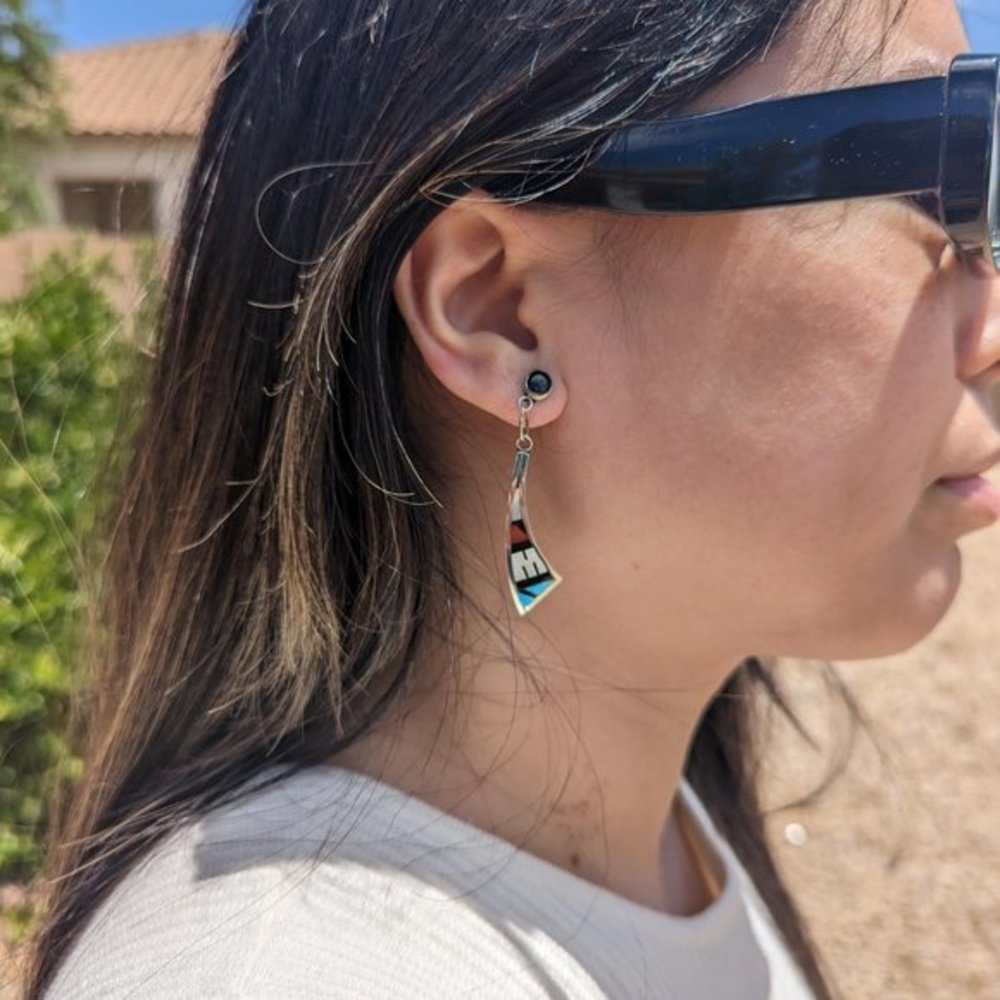 Handmade Native American Zuni Women's Inlay Dangle Earrings - Picture 7 of 8